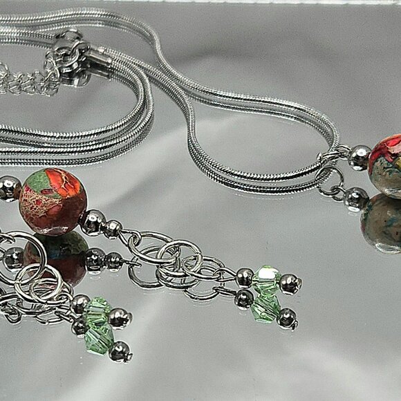 Stainless Steel Imperial Jasper and Crstal Necklace and Earimgs Set - Picture 7 of 9